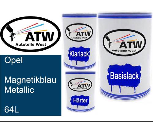 Opel, Magnetikblau Metallic, 64L: 500ml Lackdose + 500ml Klarlack + 250ml Härter - Set, von ATW Autoteile West.